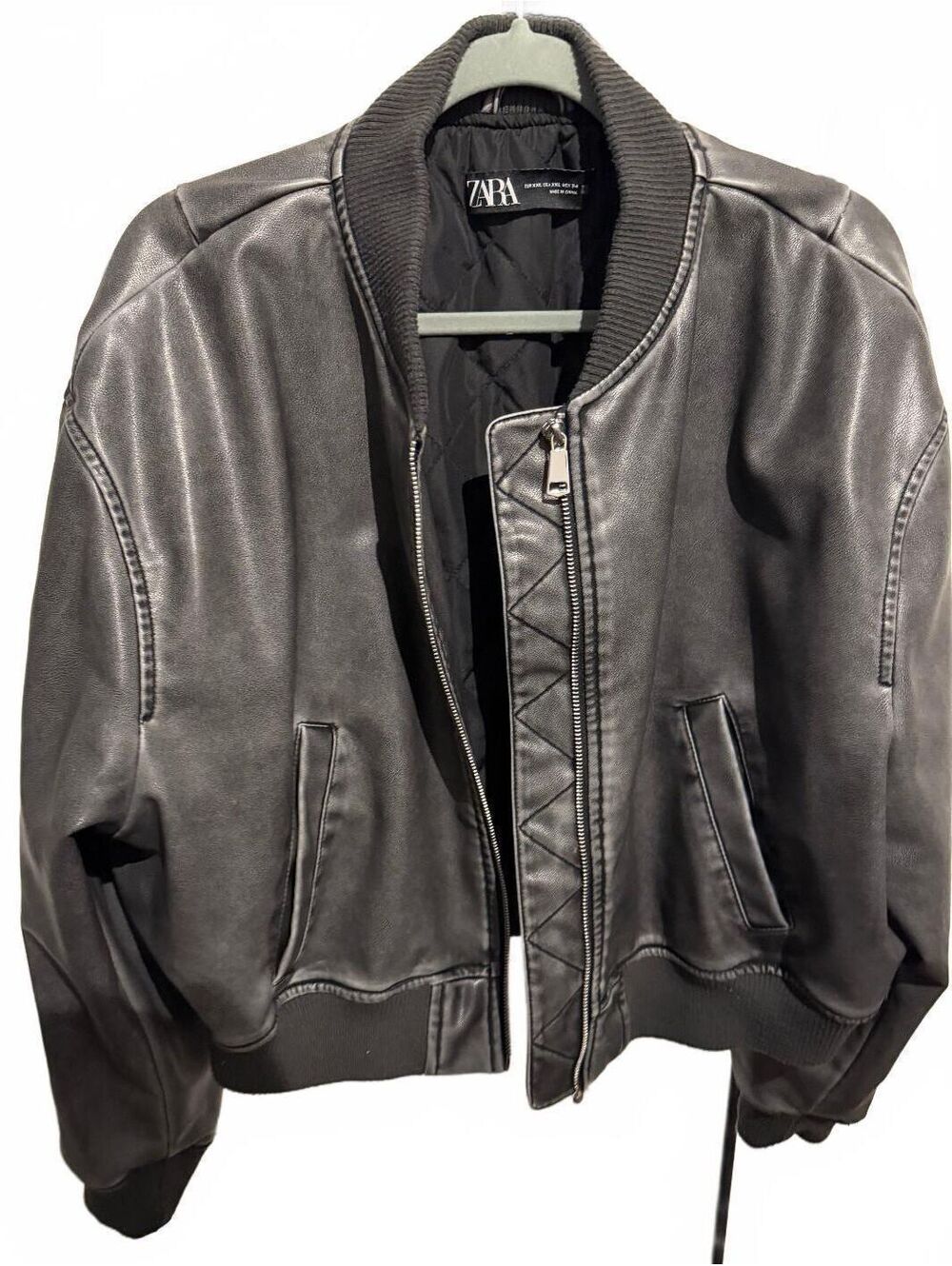 Gray Faux Leather Bomber Jacket